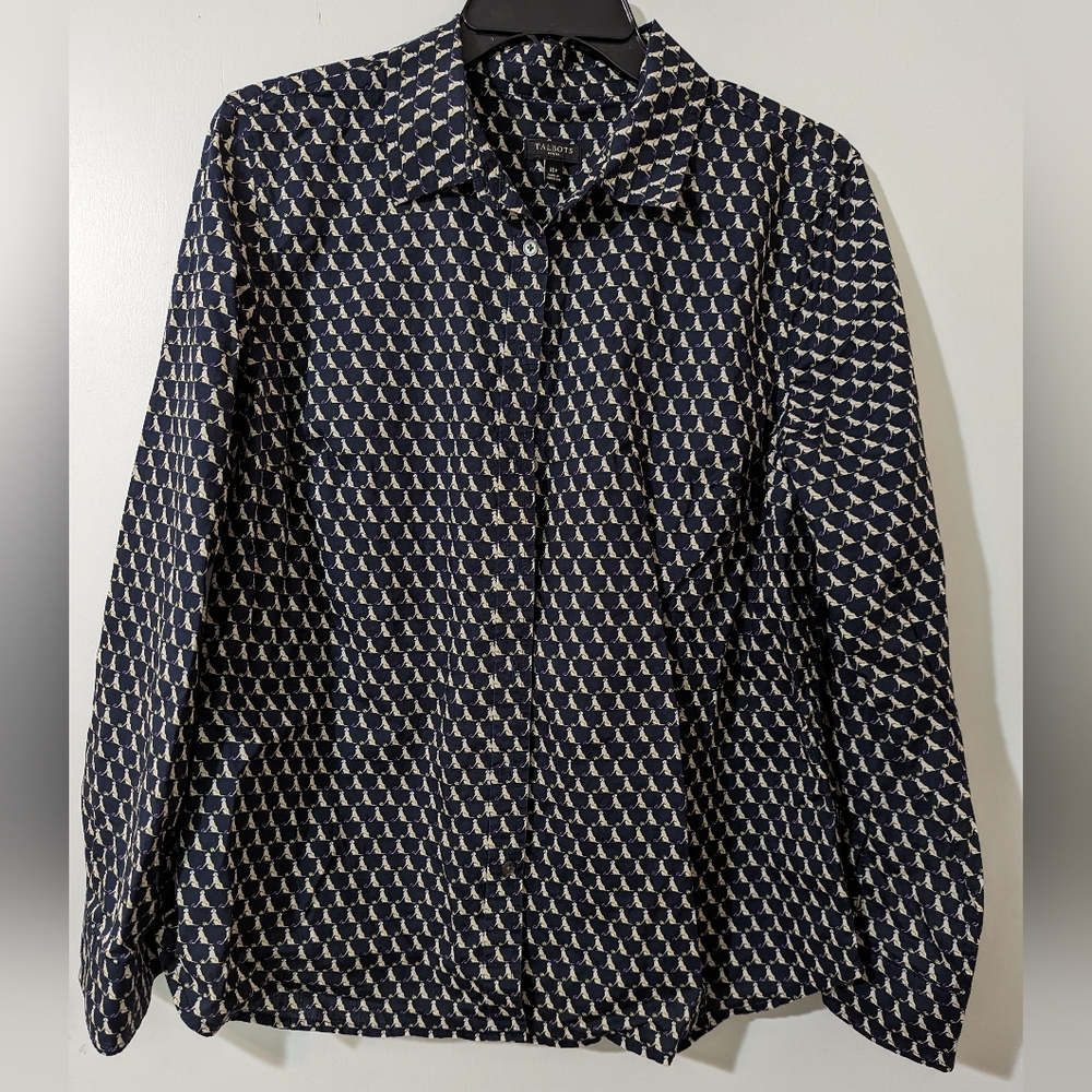 Talbots Womens Top Size 2 Button Up Long Sleeve Dog Print Navy Blue Shirt Cotton